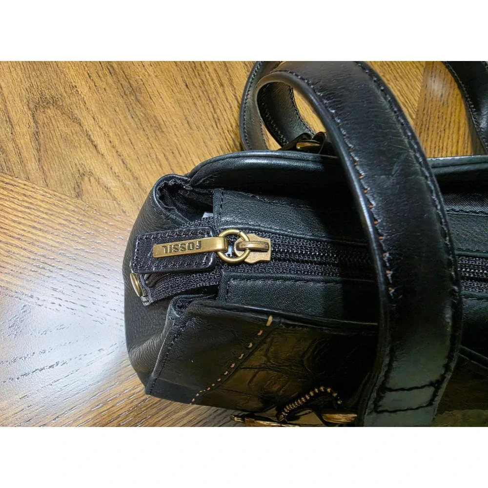 Fossil Black Leather Satchel Handbag Mixed Texture Croc Snake Print Brass Key